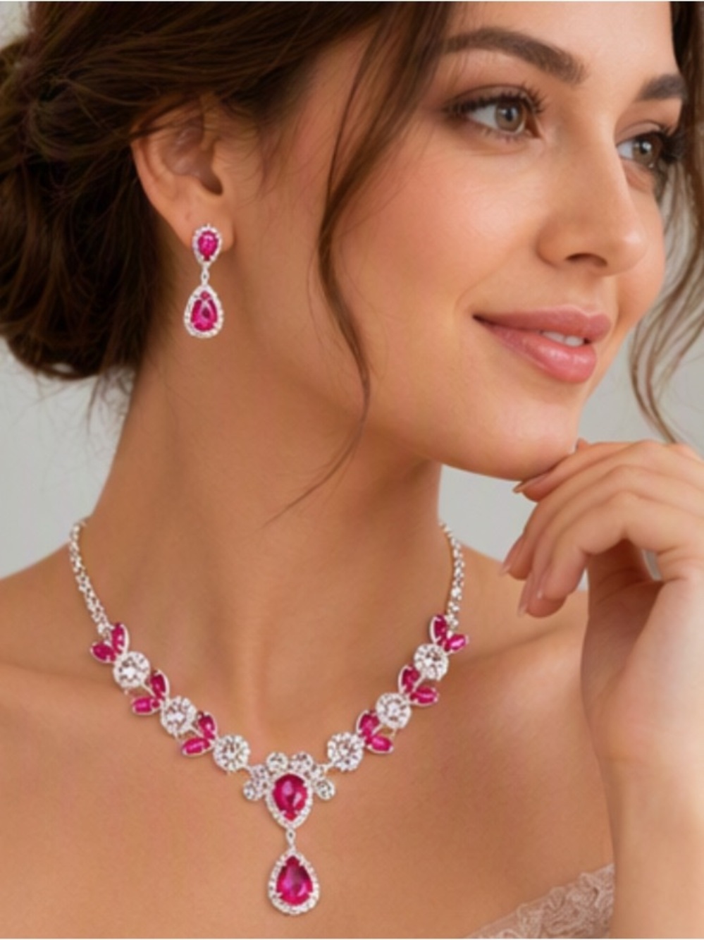 🌷 Stunning Silver Pink & White Rhinestone Teardrop Jewelry Set 🌷 NWT